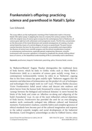 Frankenstein's Offspring: Practicing Science and Parenthood in Natali's
