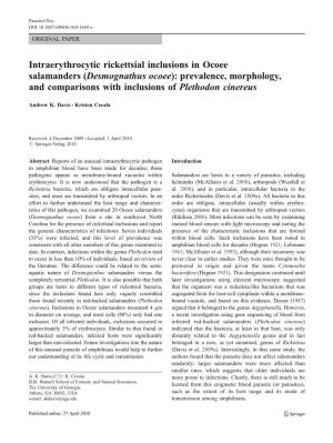 Intraerythrocytic Rickettsial Inclusions in Ocoee Salamanders (Desmognathus Ocoee): Prevalence, Morphology, and Comparisons with Inclusions of Plethodon Cinereus