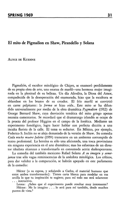 SPRING 1969 31 El Mito De Pigmalion En Shaw, Pirandello Y Solana