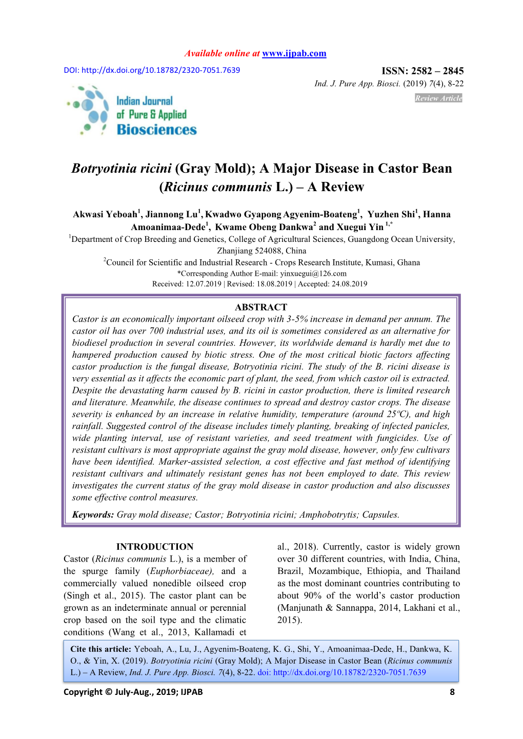 Gray Mold); a Major Disease in Castor Bean (Ricinus Communis L.) – a Review