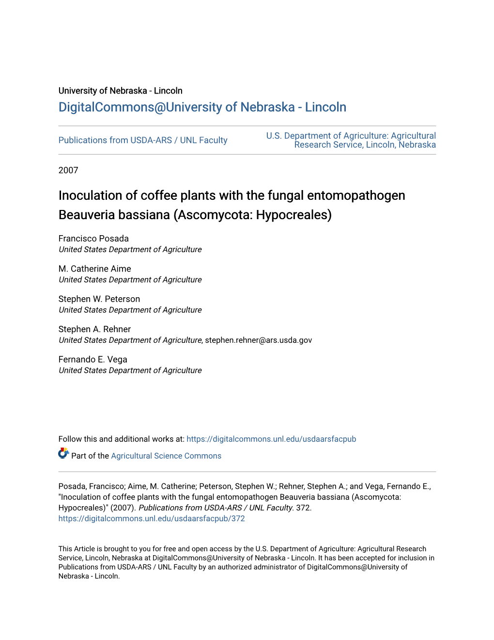 Inoculation of Coffee Plants with the Fungal Entomopathogen Beauveria Bassiana (Ascomycota: Hypocreales)