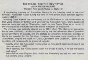 The Search for the Identity of Alexander Harris : Whilst in New