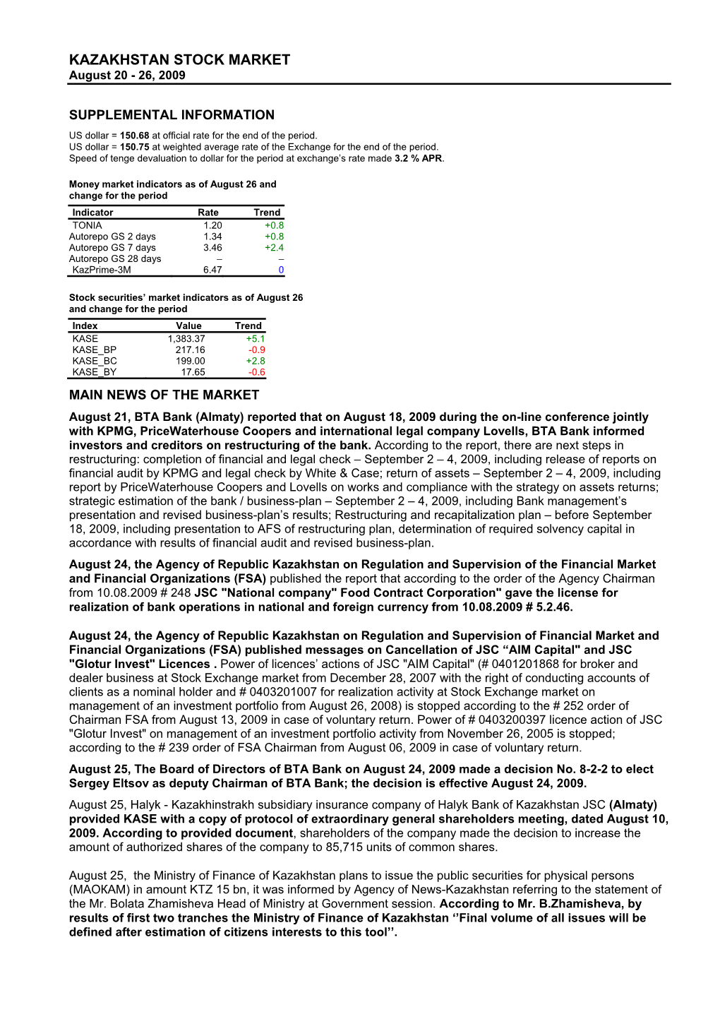 KAZAKHSTAN STOCK MARKET August 20 - 26, 2009