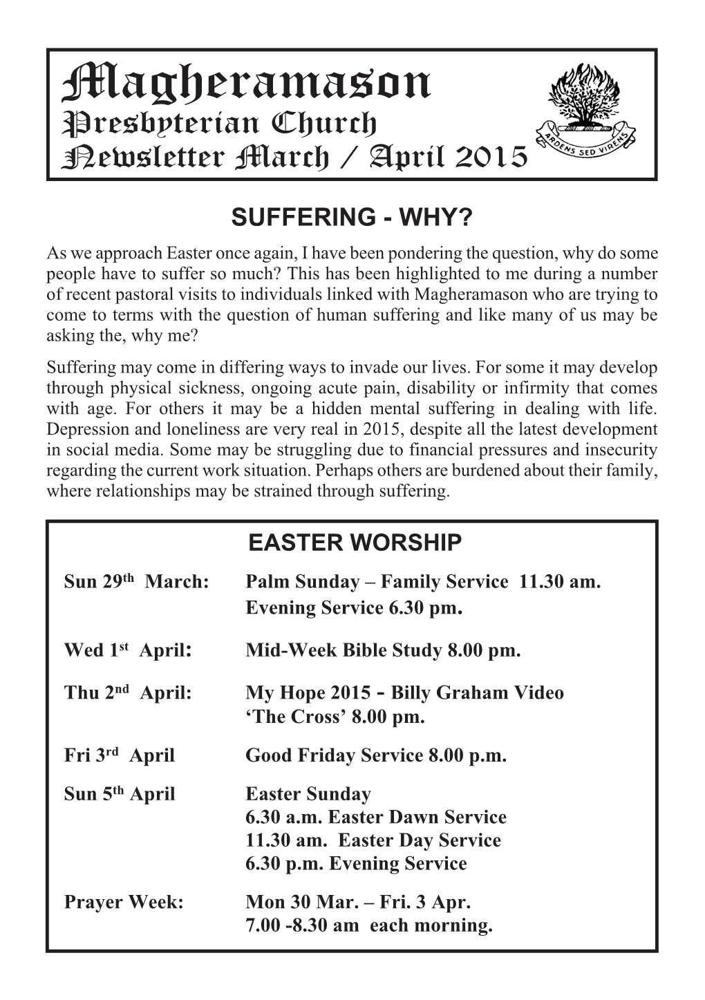 Magheramason Presbyterian Church Newsletter March / April 2015