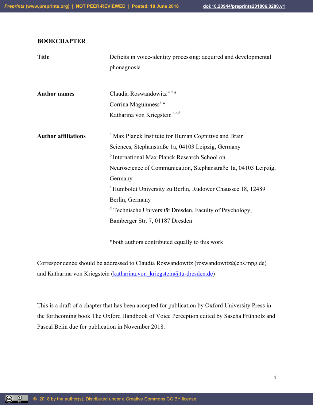 BOOKCHAPTER Title Deficits in Voice-Identity Processing: Acquired