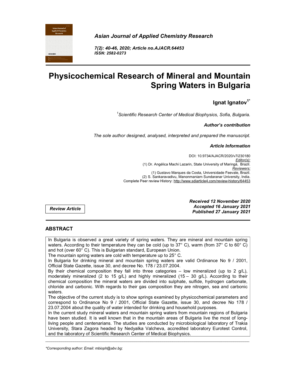 Physicochemical Research of Mineral and Mountain Spring Waters in Bulgaria