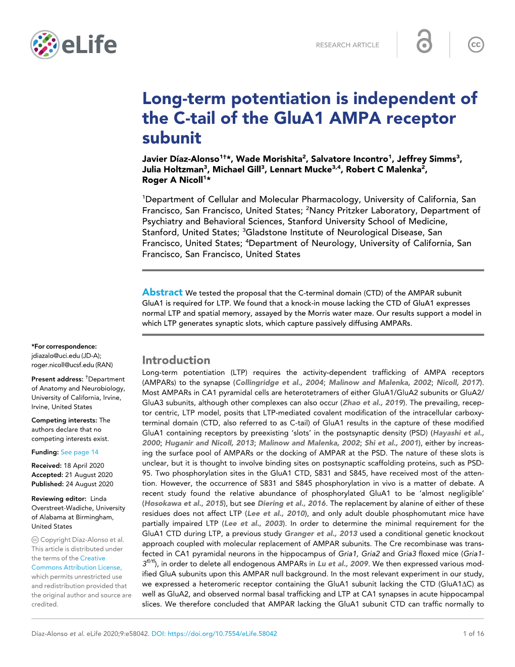 Long-Term Potentiation Is Independent of the C-Tail of the Glua1 AMPA