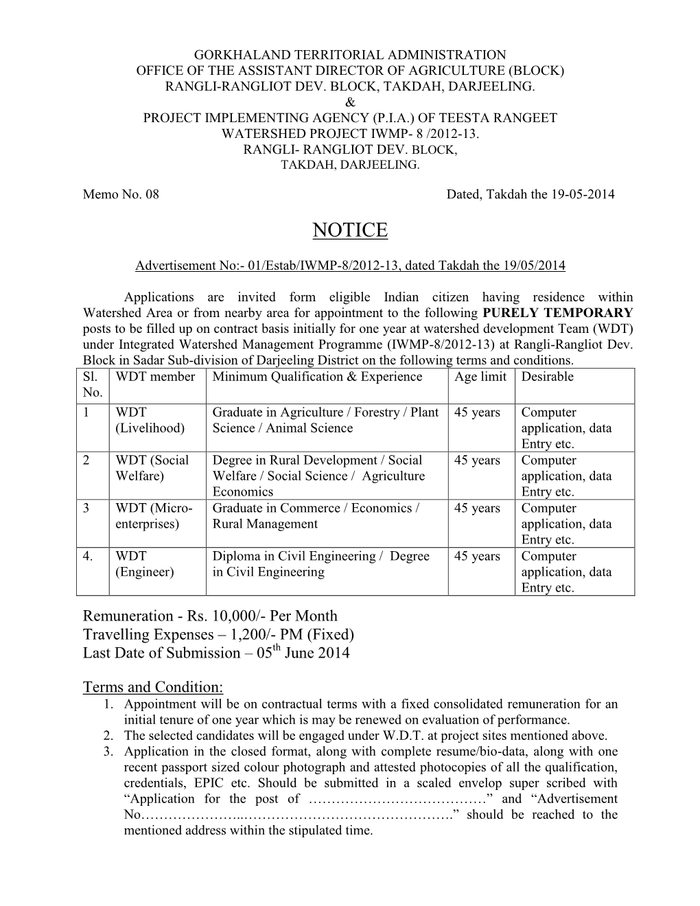Advertisement & Application from for Recruitment of WDT