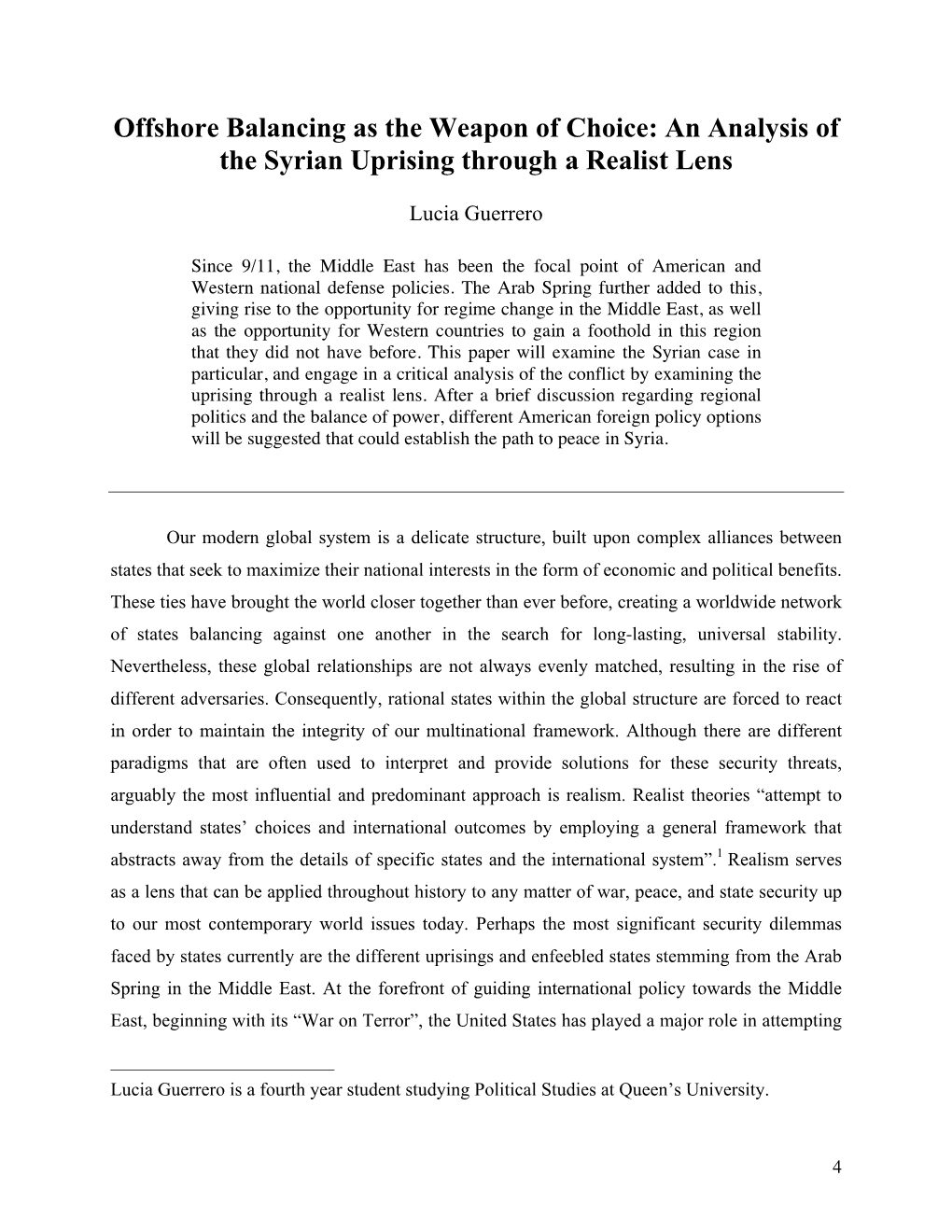 Offshore Balancing As the Weapon of Choice: an Analysis of the Syrian Uprising Through a Realist Lens