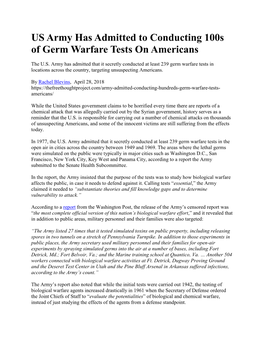 US Army Has Admitted to Conducting 100S of Germ Warfare Tests on Americans
