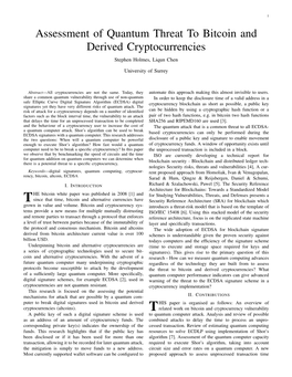Assessment of Quantum Threat to Bitcoin and Derived Cryptocurrencies Stephen Holmes, Liqun Chen