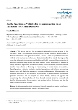 Bodily Practices As Vehicles for Dehumanization in an Institution for Mental Defectives