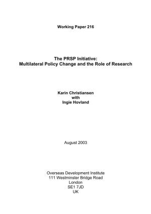 The PRSP Initiative: Multilateral Policy Change and the Role of Research