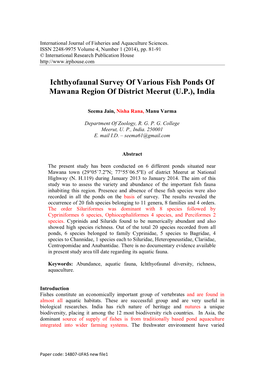 Ichthyofaunal Survey of Various Fish Ponds of Mawana Region of District Meerut (U.P.), India