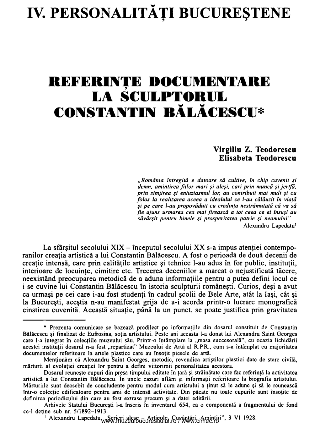 Referinte Documentare La Sculptorul' Constantin Bălăcescu*