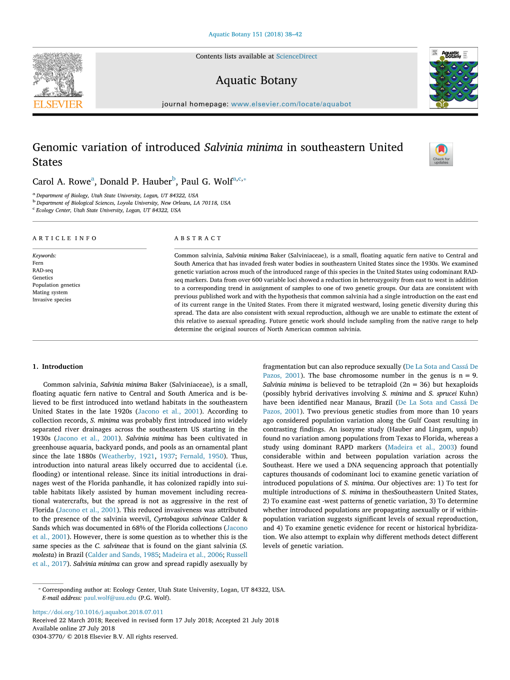 Genomic Variation of Introduced Salvinia Minima in Southeastern United States T ⁎ Carol A