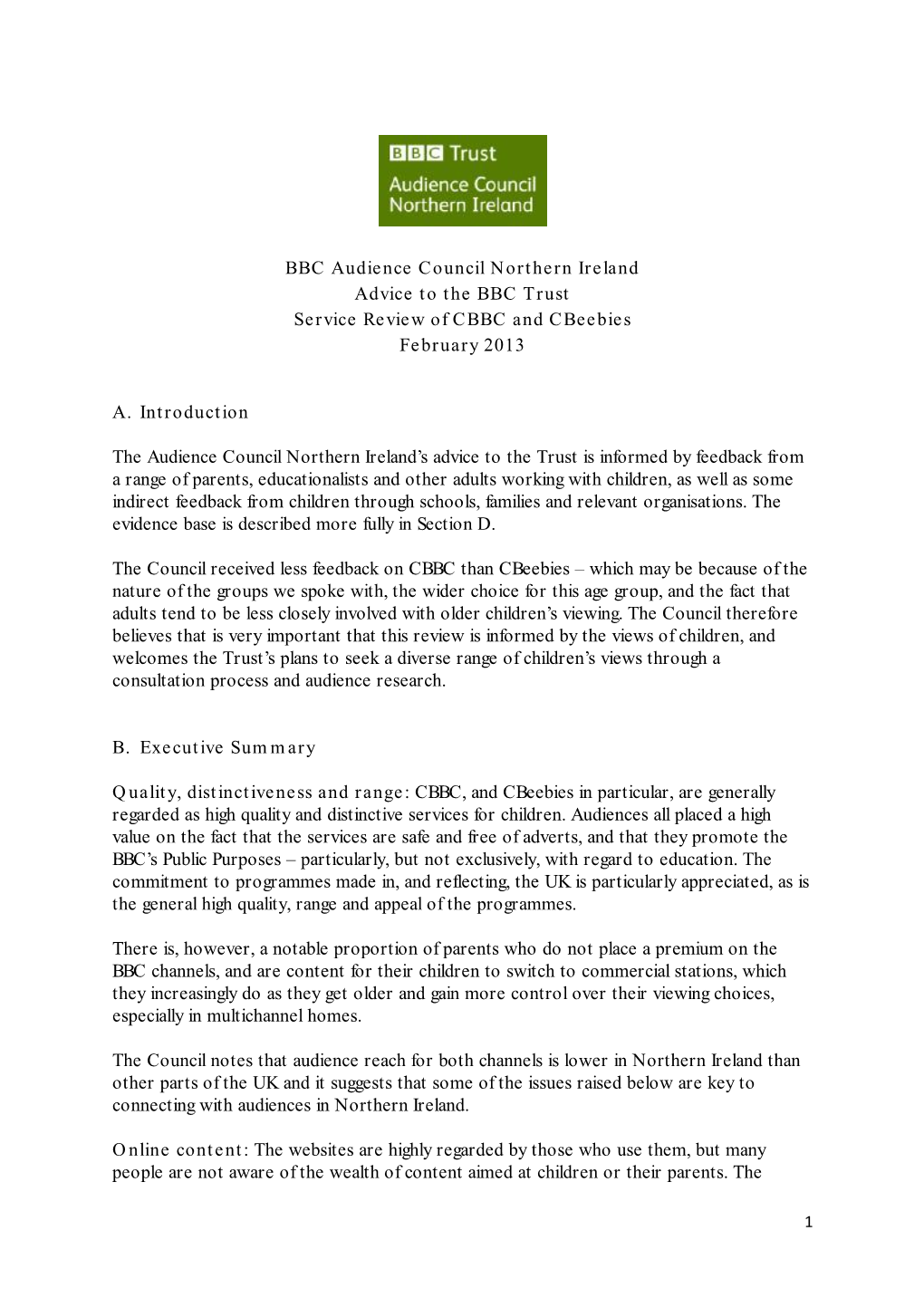 BBC Audience Council Northern Ireland Advice to the BBC Trust Service Review of CBBC and Cbeebies February 2013