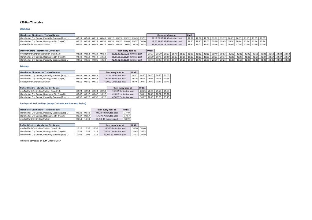 X50 Bus Timetable