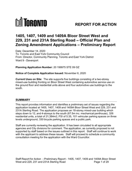 1405, 1407, 1409 and 1409A Bloor Street West and 229, 231 and 231A Sterling Road – Official Plan and Zoning Amendment Applications – Preliminary Report