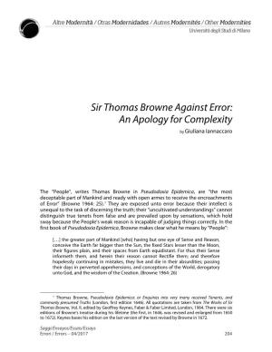 Sir Thomas Browne Against Error
