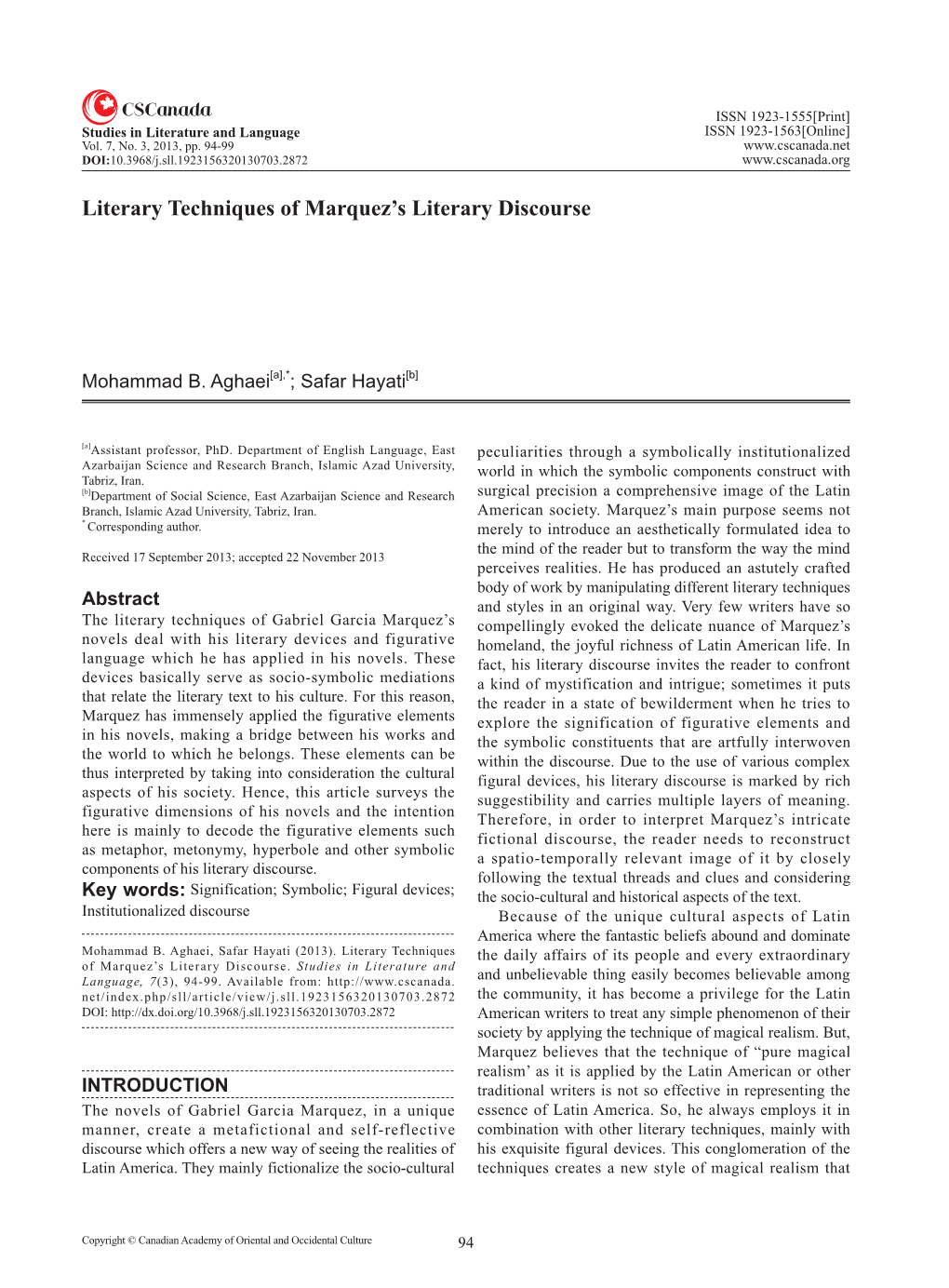 Literary Techniques of Marquez's Literary Discourse