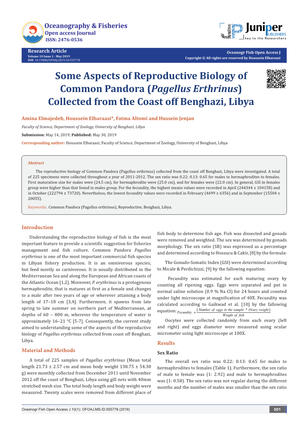 Some Aspects of Reproductive Biology of Common Pandora (Pagellus Erthrinus) Collected from the Coast Off Benghazi, Libya