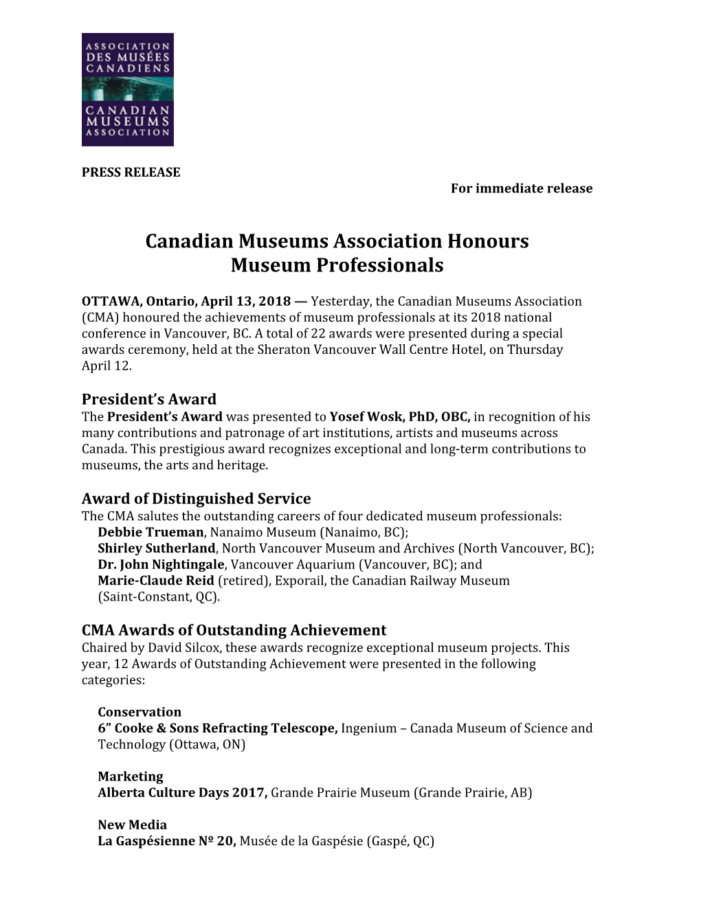 Canadian Museums Association Honours Museum Professionals