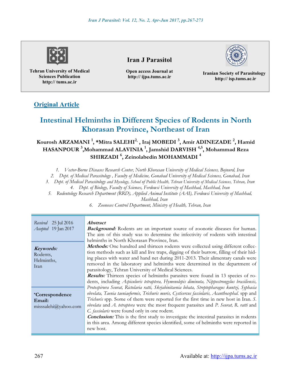 Intestinal Helminths in Different Species of Rodents in North Khorasan Province, Northeast of Iran