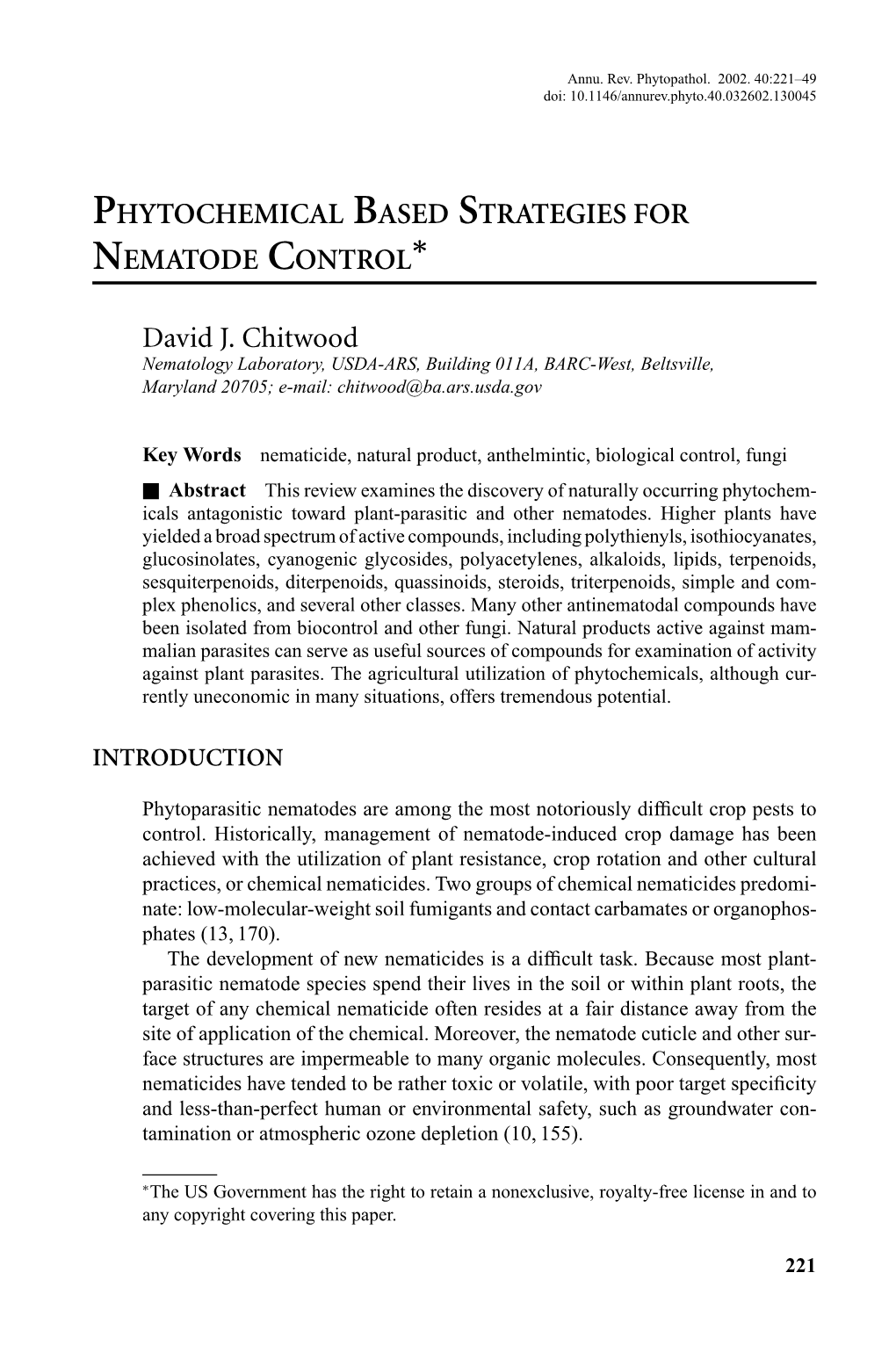 Phytochemical Based Strategies for Nematode Control