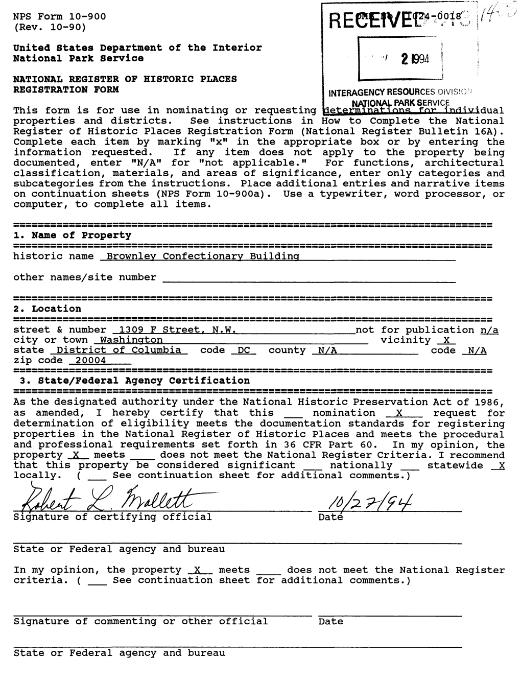 2894 This Form Is for Use in Nominating Or Requesting Properties