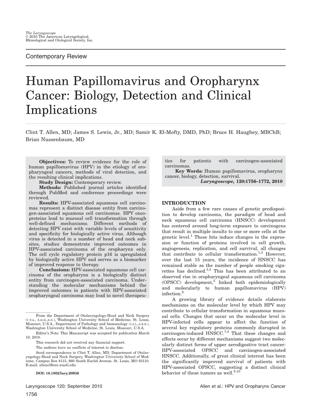 Human Papillomavirus and Oropharynx Cancer: Biology, Detection and Clinical Implications