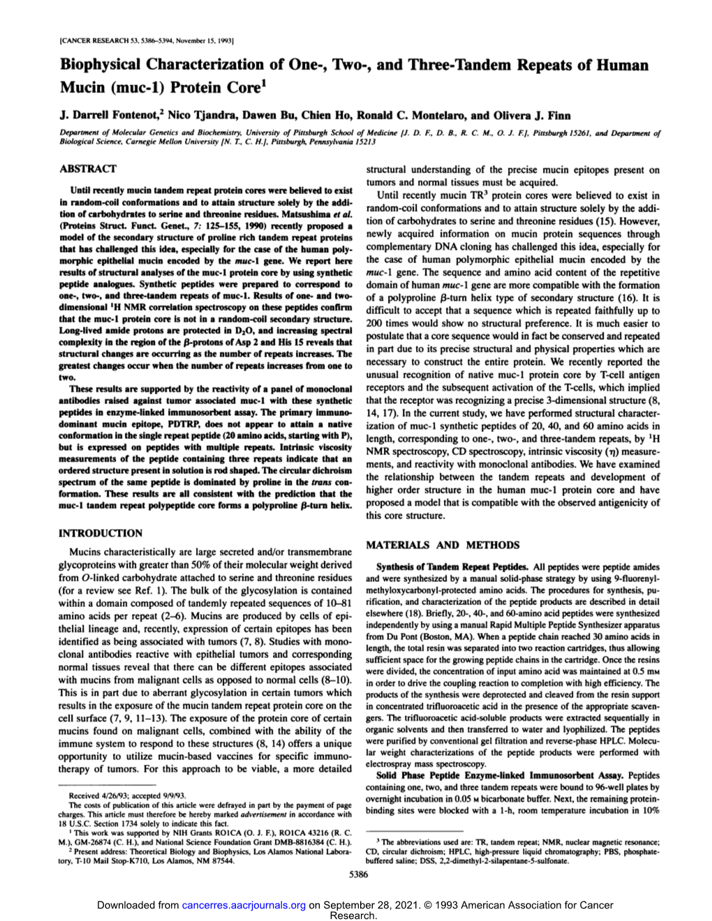 Biophysical Characterization of One-, Two-, and Three-Tandem Repeats of Human Mucin (Muc-1) Protein Core1