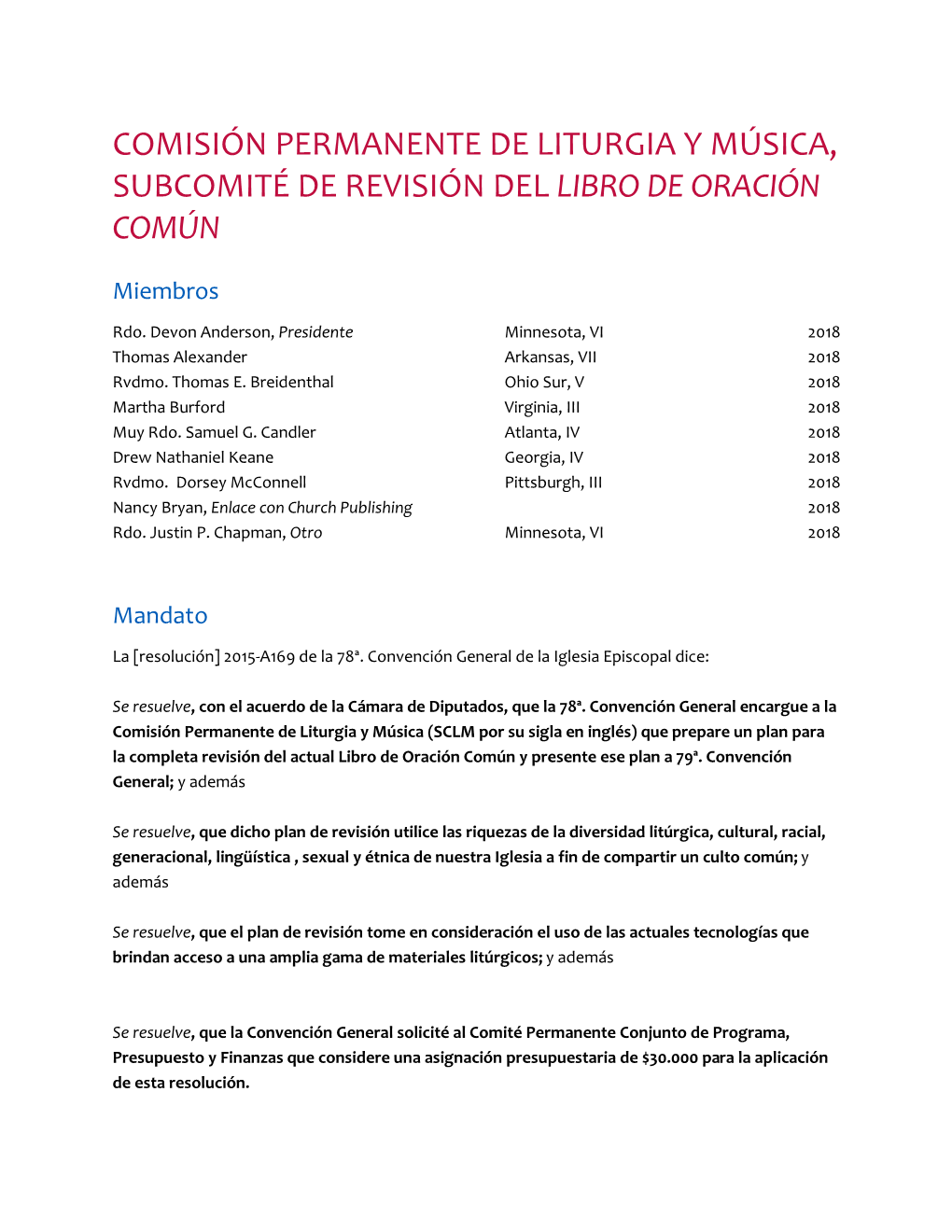 Comisión Permanente De Liturgia Y Música, Subcomité De Revisión Del Libro De Oración Común