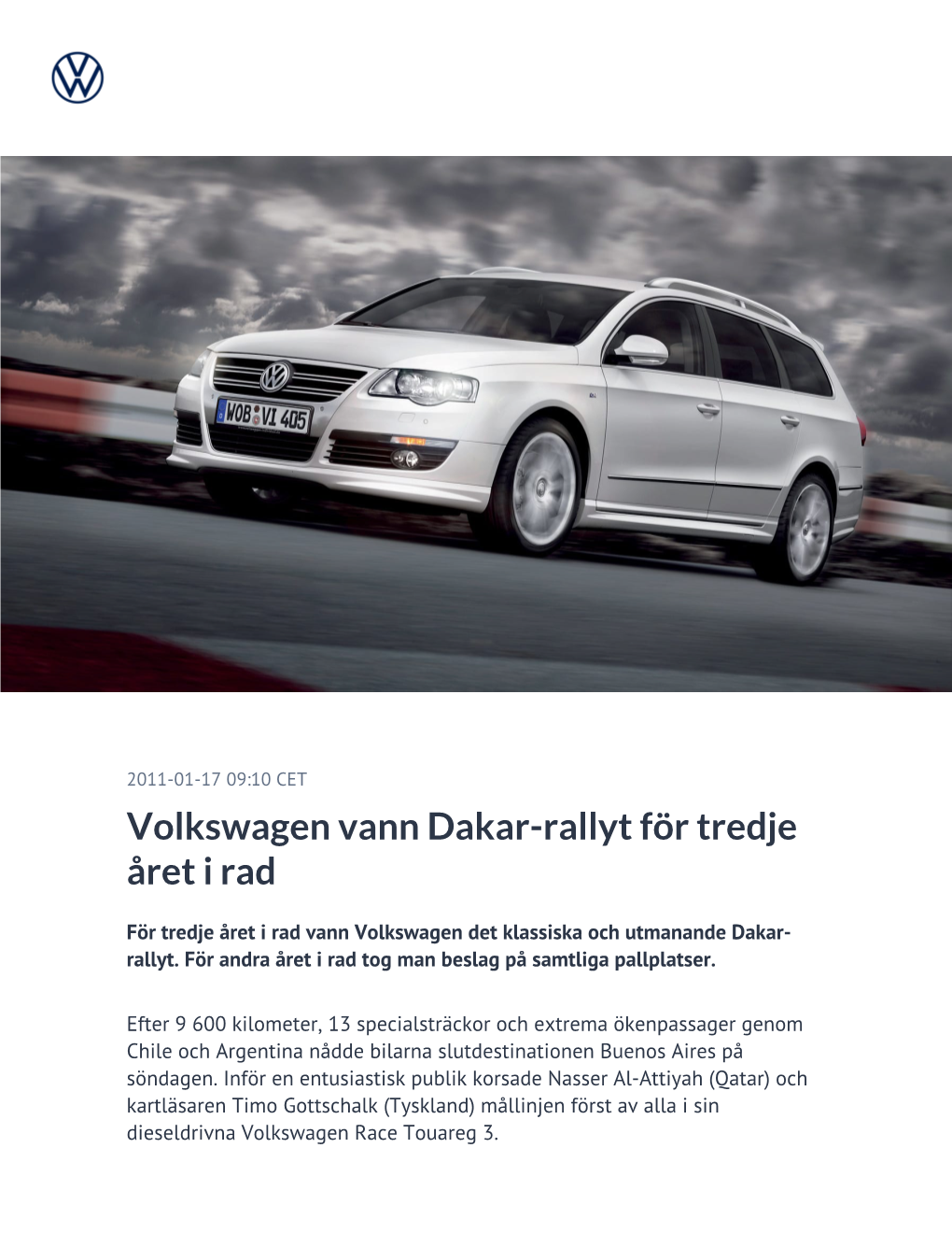 Volkswagen Vann Dakar-Rallyt För Tredje Året I Rad