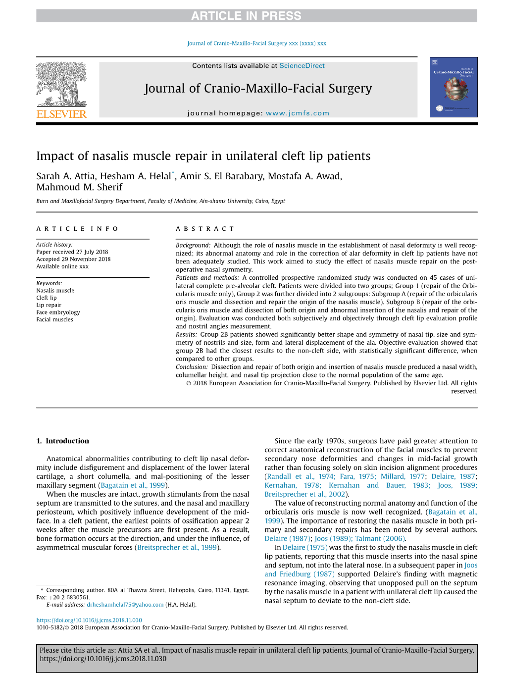 Impact of Nasalis Muscle Repair in Unilateral Cleft Lip Patients