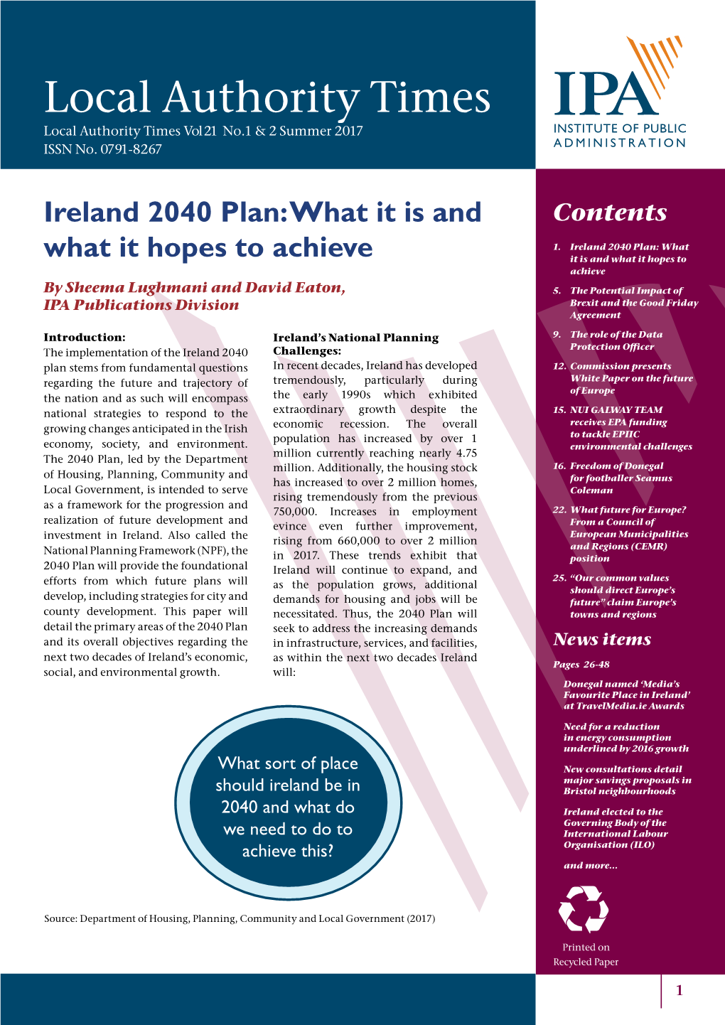 Local Authority Times Local Authority Times Vol 21 No.1 & 2 Summer 2017 ISSN No
