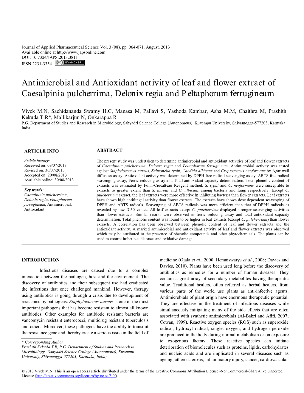 Antimicrobial and Antioxidant Activity of Leaf and Flower Extract of Caesalpinia Pulcherrima, Delonix Regia and Peltaphorum Ferrugineum