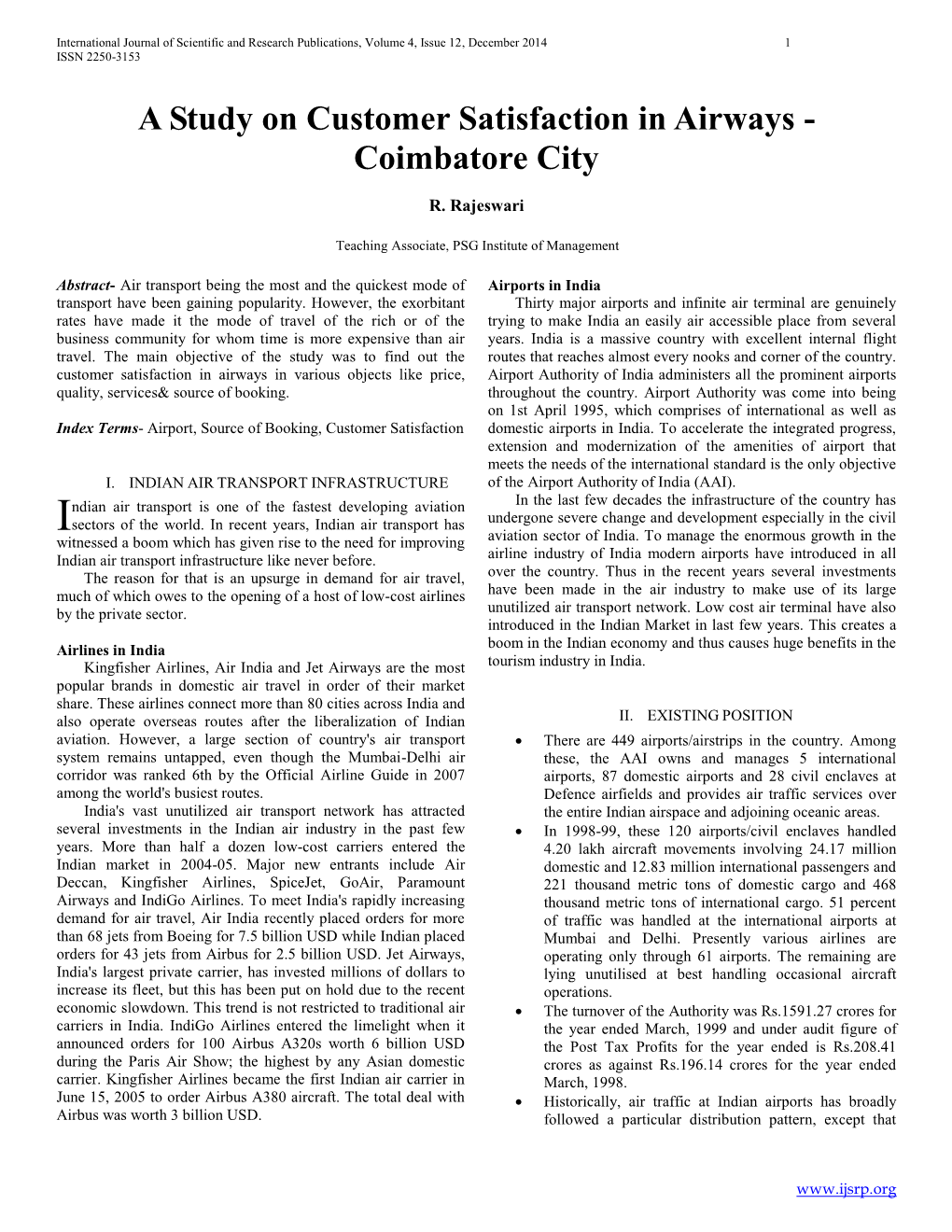 A Study on Customer Satisfaction in Airways - Coimbatore City