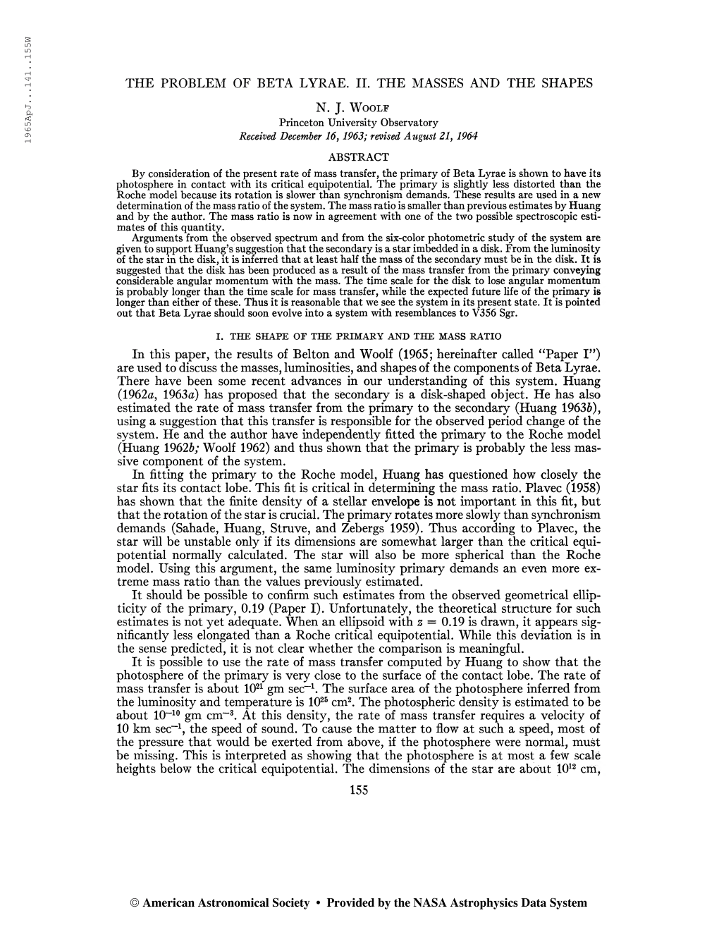 19 65Apj. . .141. .155W the PROBLEM of BETA LYRAE. II. the MASSES and the SHAPES N. J. Woolf Princeton University Observatory Re