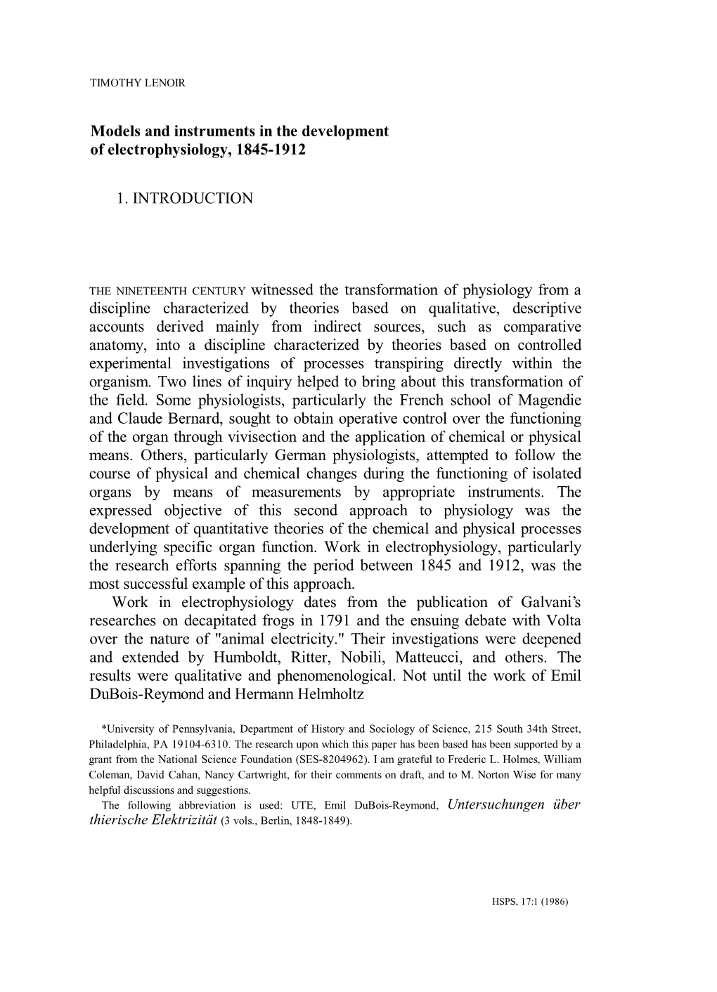 Models and Instruments in the Development of Electrophysiology, 1845-1912