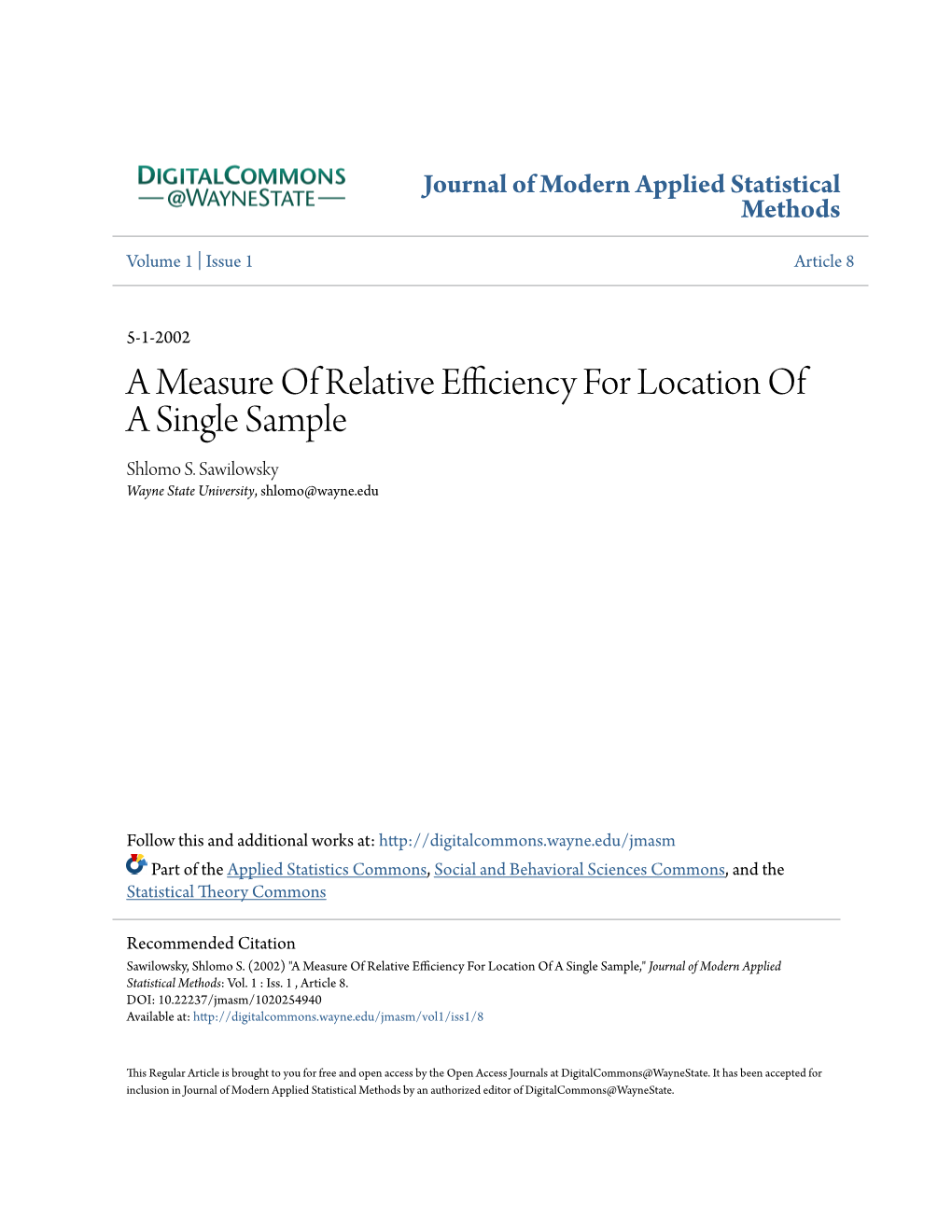A Measure of Relative Efficiency for Location of a Single Sample Shlomo S