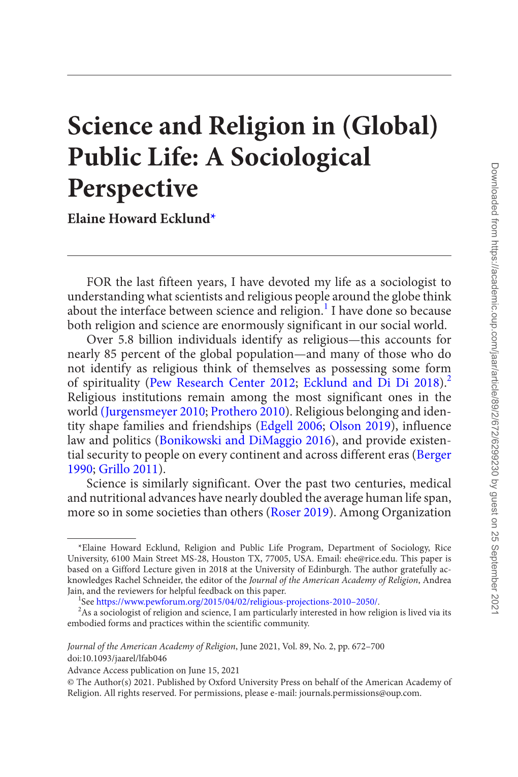 Science and Religion in (Global) Public Life: a Sociological