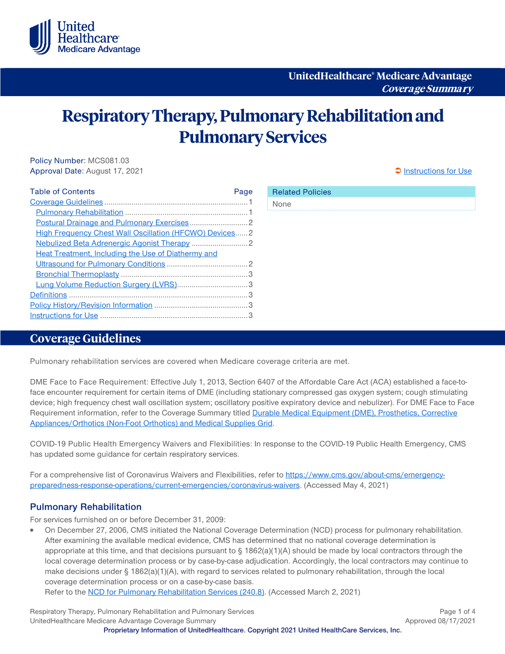Respiratory Therapy, Pulmonary Rehabilitation and Pulmonary Services – Medicare Advantage Coverage Summary