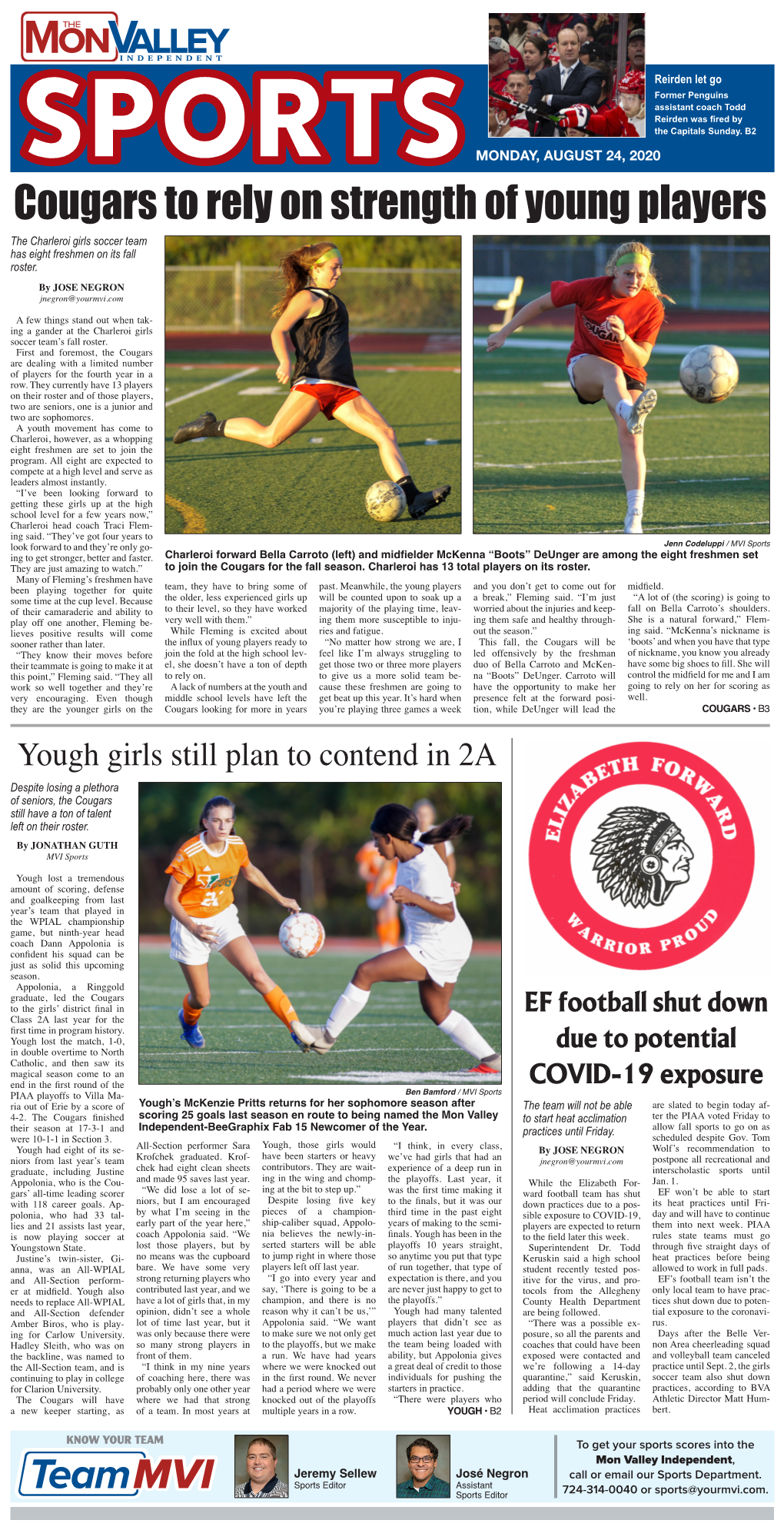 Cougars to Rely on Strength of Young Players the Charleroi Girls Soccer Team Has Eight Freshmen on Its Fall Roster