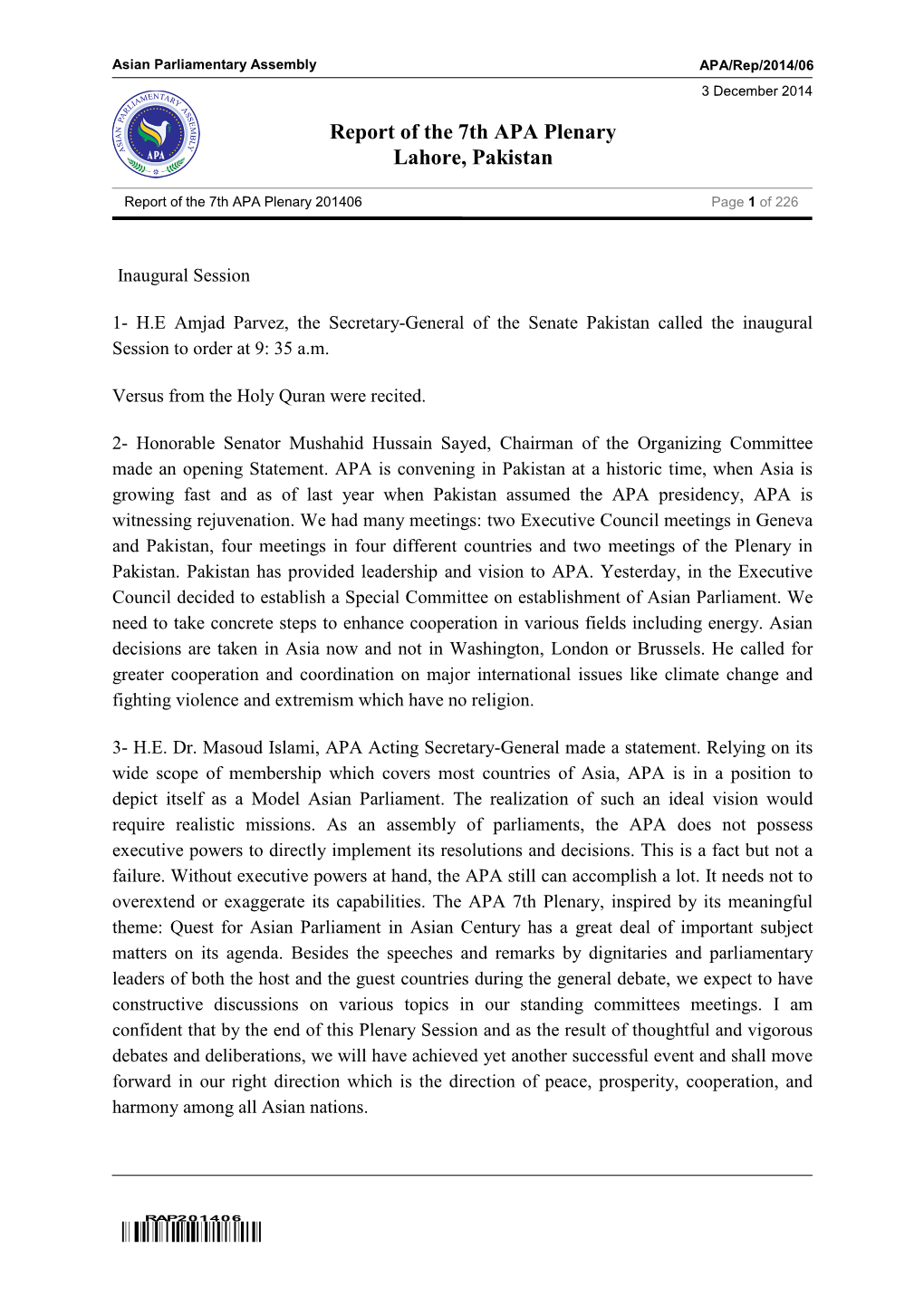 Report of the 7Th APA Plenary Lahore, Pakistan