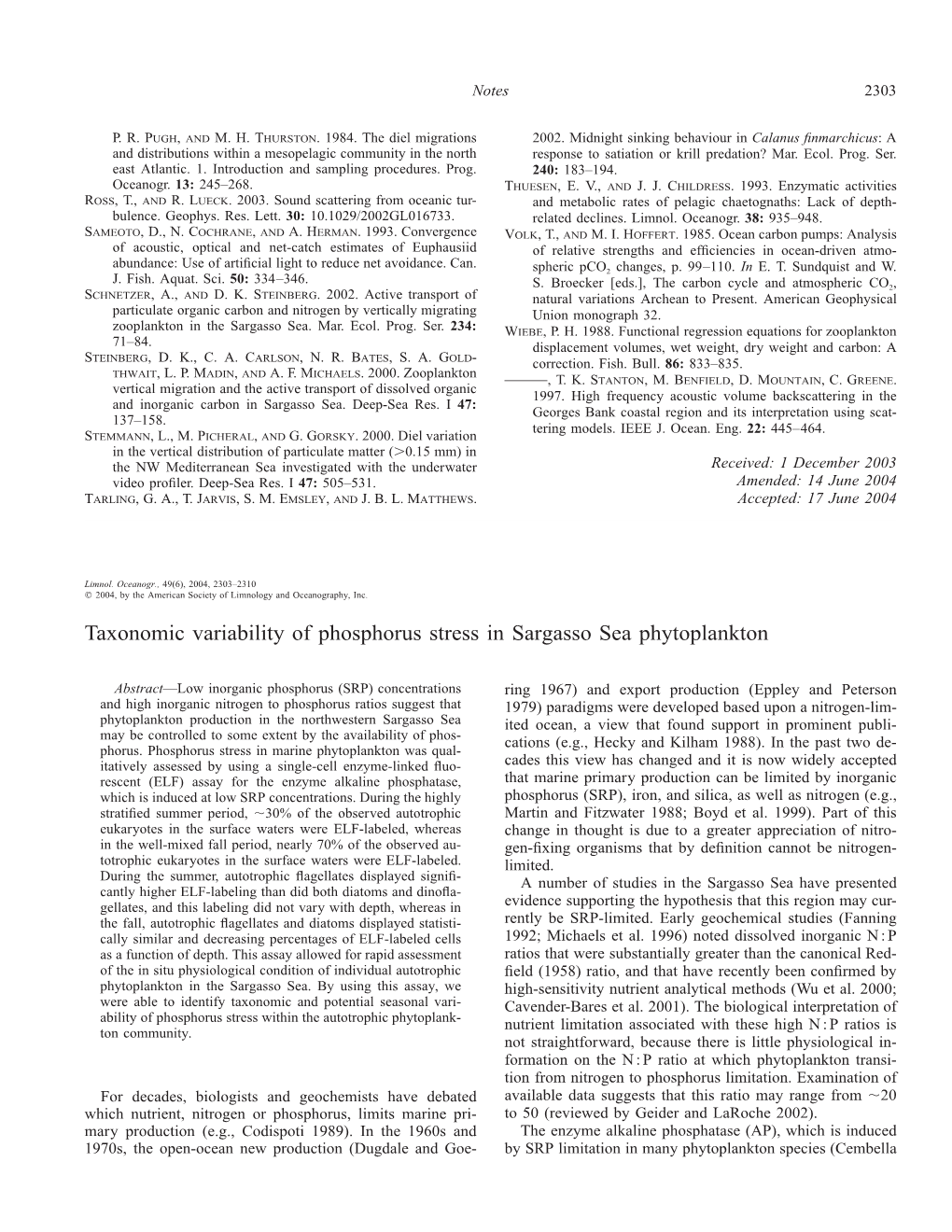 Taxonomic Variability of Phosphorus Stress in Sargasso Sea Phytoplankton