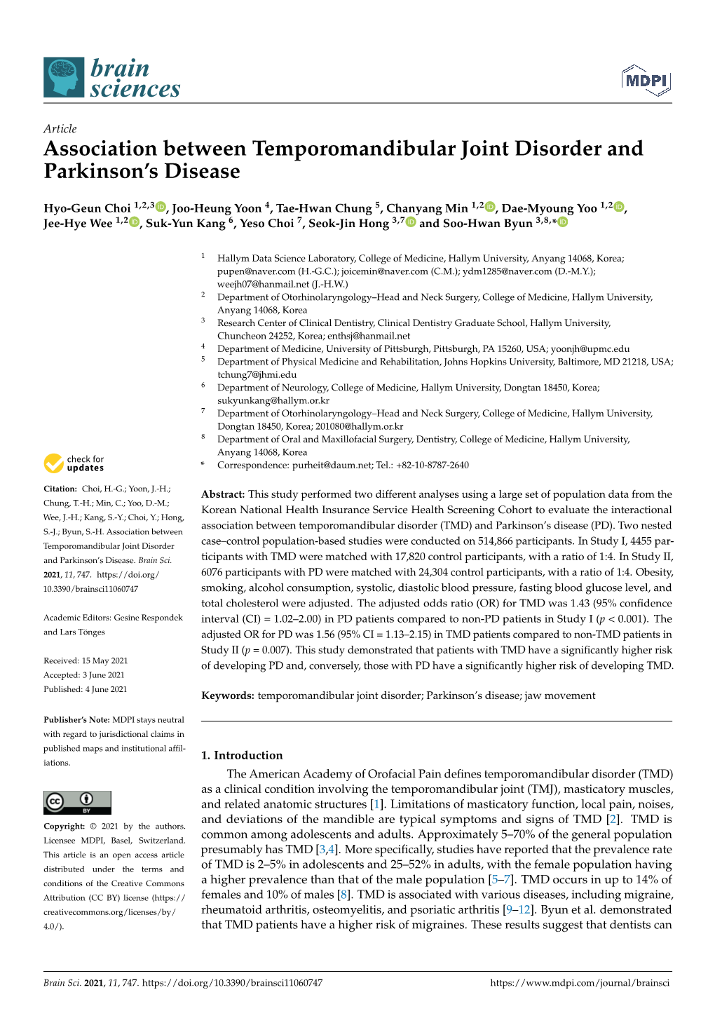 Association Between Temporomandibular Joint Disorder and Parkinson’S Disease