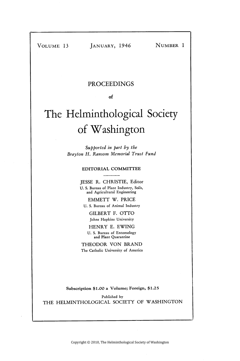 Proceedings of the Helminthological Society of Washington 13(1) 1946