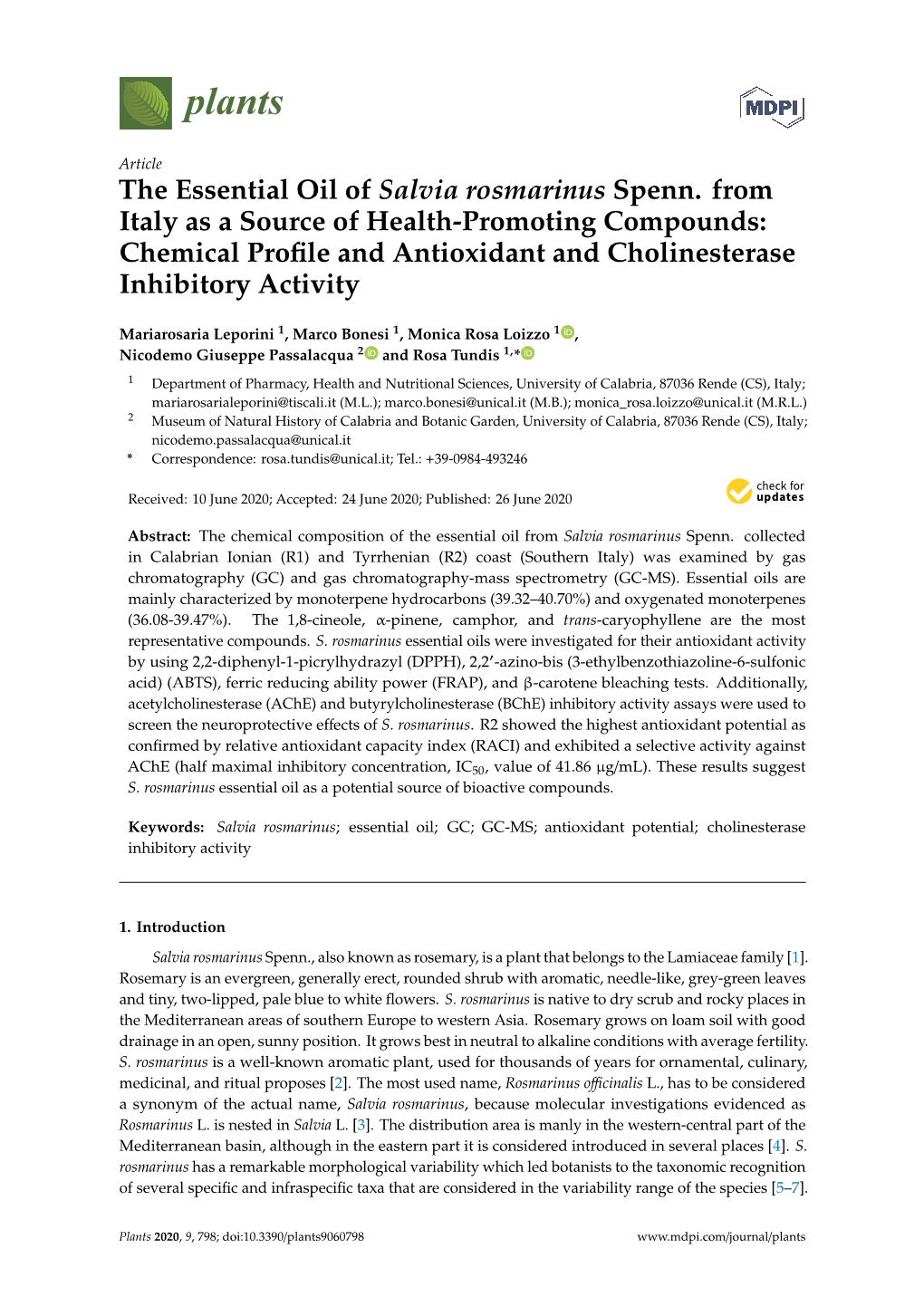 The Essential Oil of Salvia Rosmarinus Spenn. from Italy As A