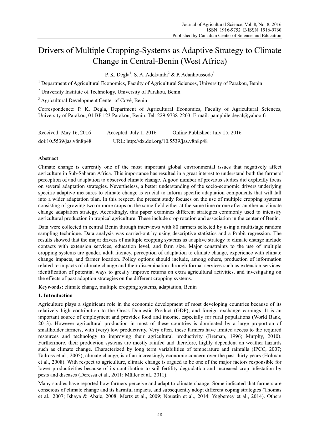 Drivers of Multiple Cropping-Systems As Adaptive Strategy to Climate Change in Central-Benin (West Africa)